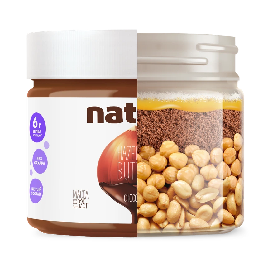 Паста Nattys Choconut в разрезе: фундук, арахис, какао-порошок и мёд