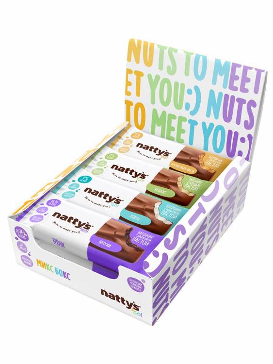 Шоколадные батончики Nattys&Go! ассорти с ореховыми пастами 45 гр, 12 шт