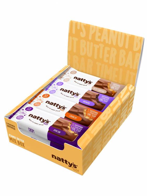Шоколадные батончики Nattys&Go! ассорти с арахисовой пастой 45 гр, 12 шт