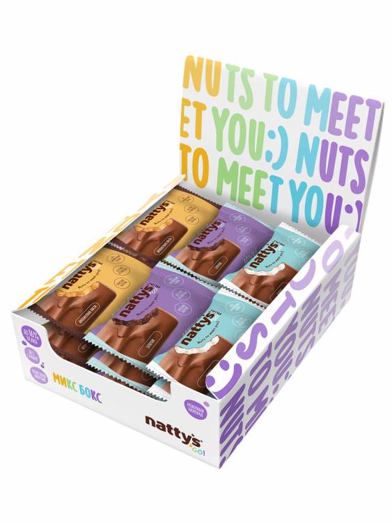 Шоколадные батончики без сахара Nattys&Go! мини Арахис, Брауни, Кокос 20 гр, 18 шт